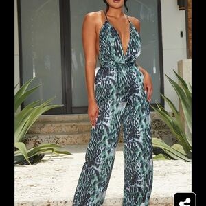 PrettyLittleThing Khaki Leopard Print Halterneck Wide Leg Jumpsuit
